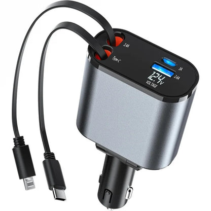 Încărcător Auto Multifuncțional 4 în 1 – 120W, USB-C & Lightning Retractabil Fast Charge